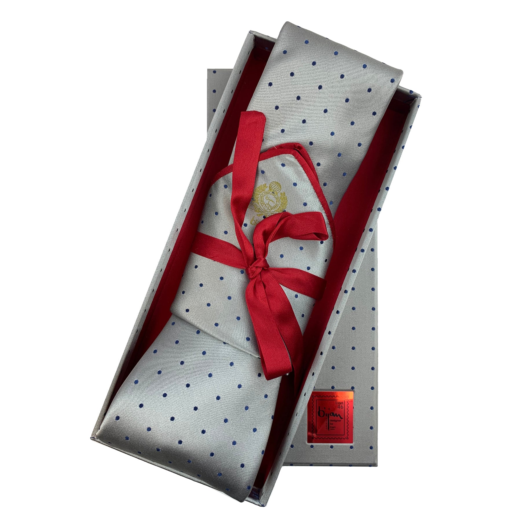 Bijan Grey with Navy Polka Dot Pure Silk Tie Set House of Bijan