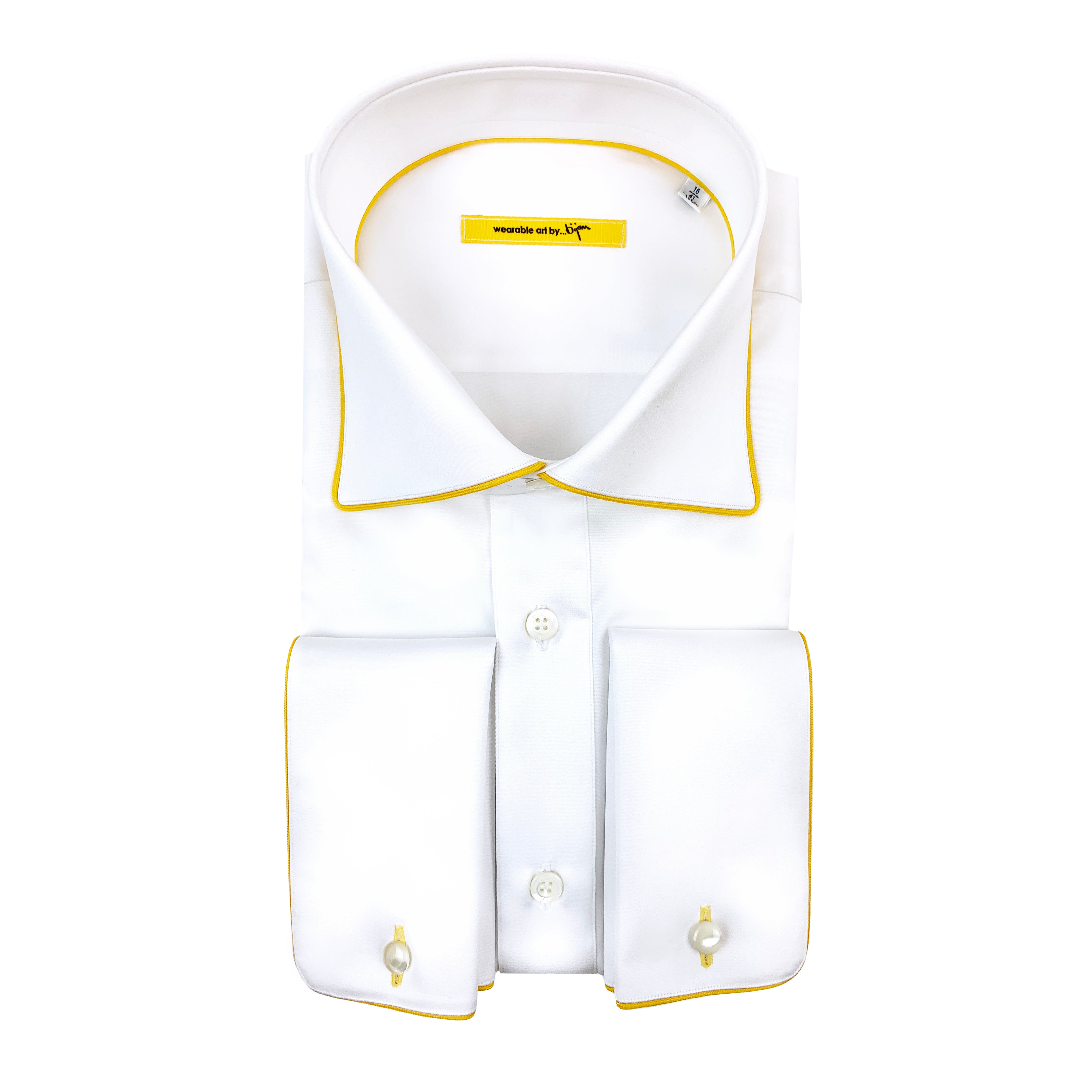 French Cuff Dress Shirt with Bijan Yellow Piping Detail House of Bijan French Cuff Dress Shirt with Bijan Yellow Piping Detail House of Bijan