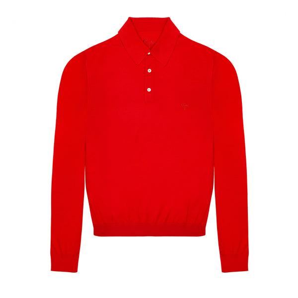 Bijan Red Long Sleeve Cashmere and Silk Polo Shirt