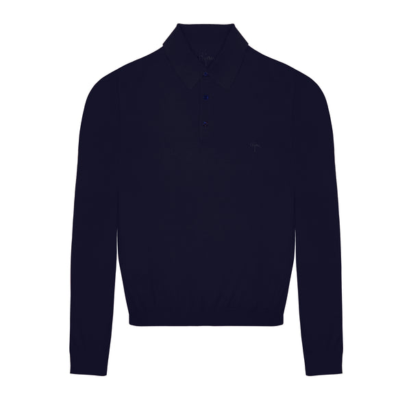 Navy Long Sleeve Cashmere and Silk Polo Shirt