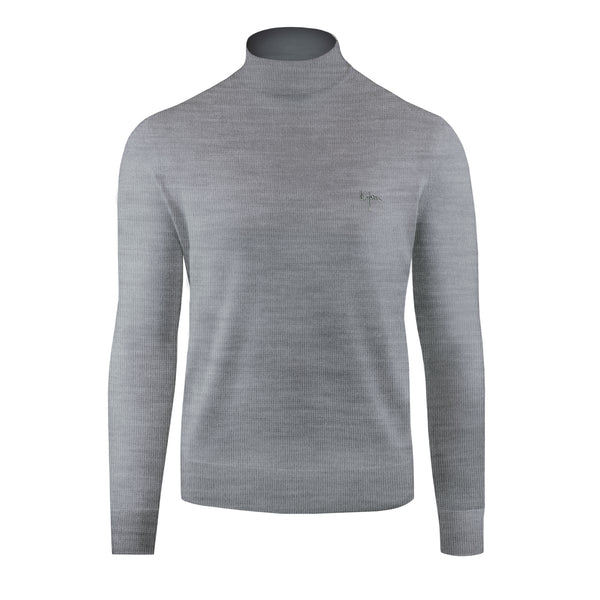 Grey Cashmere and Silk Mock Neck Sweater Front Detail Shot