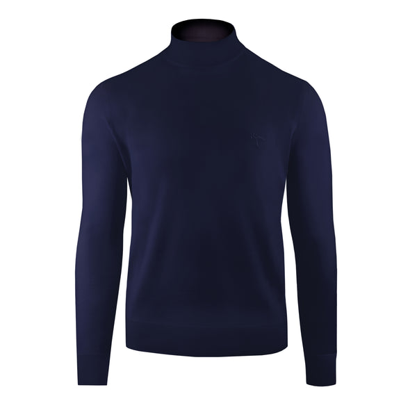 Navy Cashmere and Silk Mock Neck Sweater Front Detail