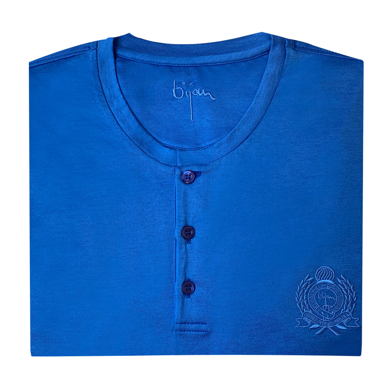 Blue Round Neck Short Sleeve T-Shirt with 3 Buttons