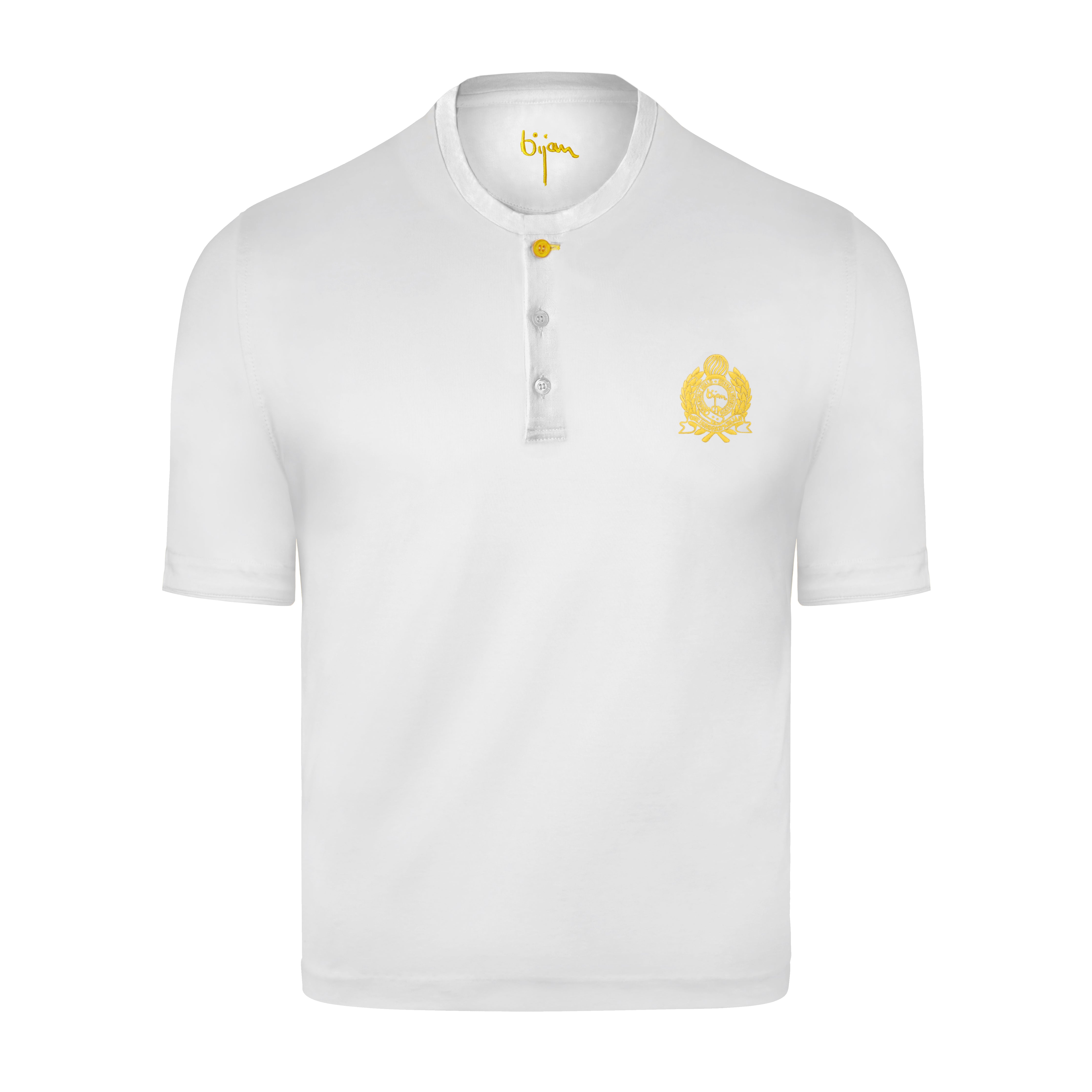 White Round Neck Short Sleeve T-Shirt with 3 Buttons – House of Bijan