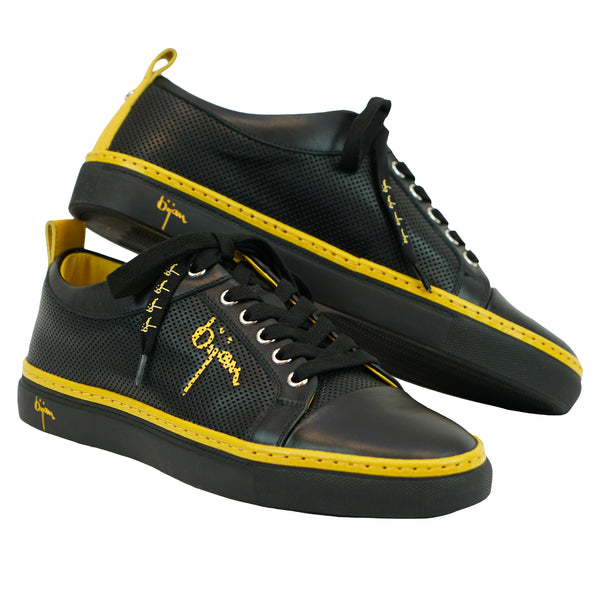 Black Fine Leather Sneakers with Bijan Yellow Detail