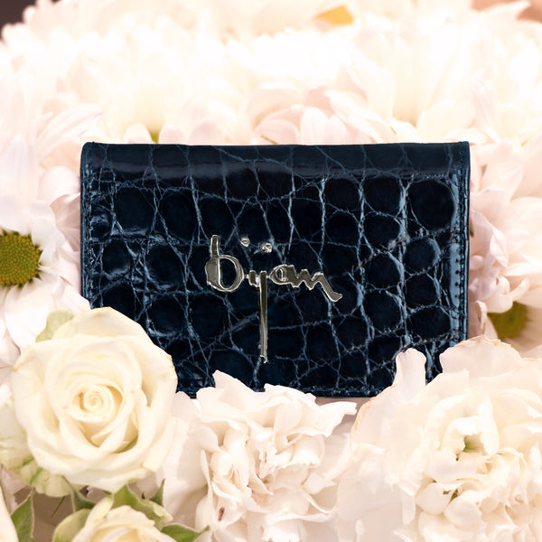 Bijan Navy with White Interior Alligator Card Holder