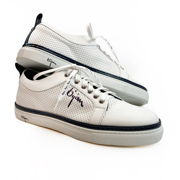 White Fine Leather Sneakers with Navy Detail