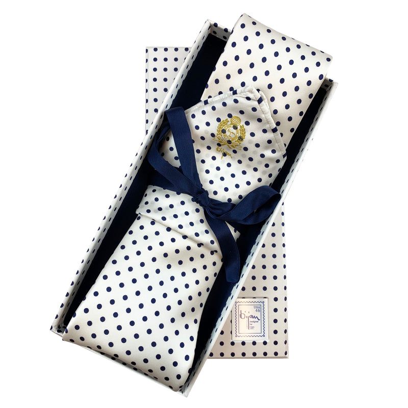 Bijan White with Navy Polka Dot Pure Silk Tie Set