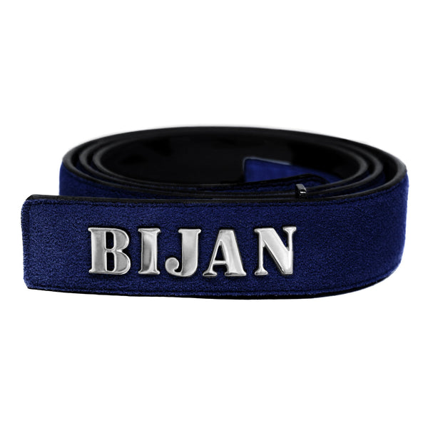 Bijan Emblem Navy Suede Belt