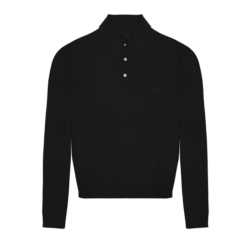 Black Long Sleeve Cashmere and Silk Polo Shirt