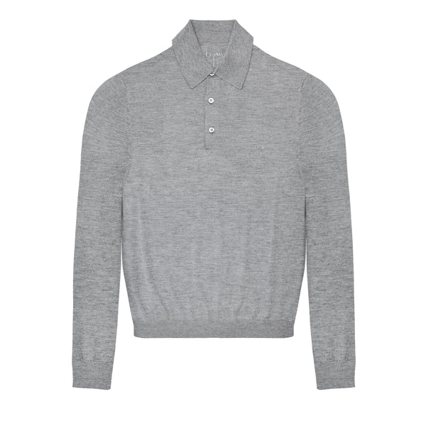 Pearl Grey Long Sleeve Cashmere and Silk Polo Shirt