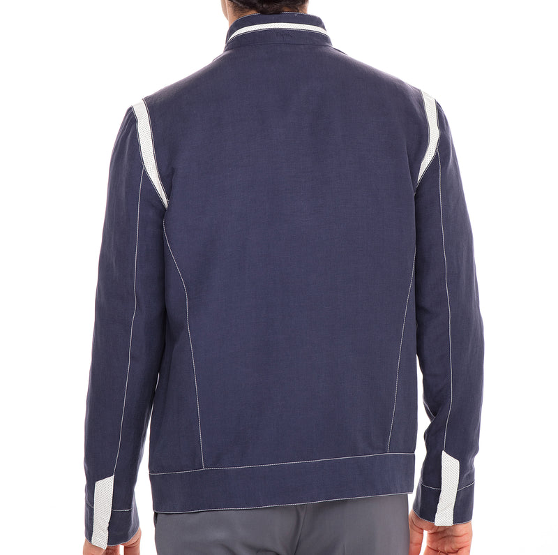 Lightweight Blue Silk and Linen Blouson Jacket