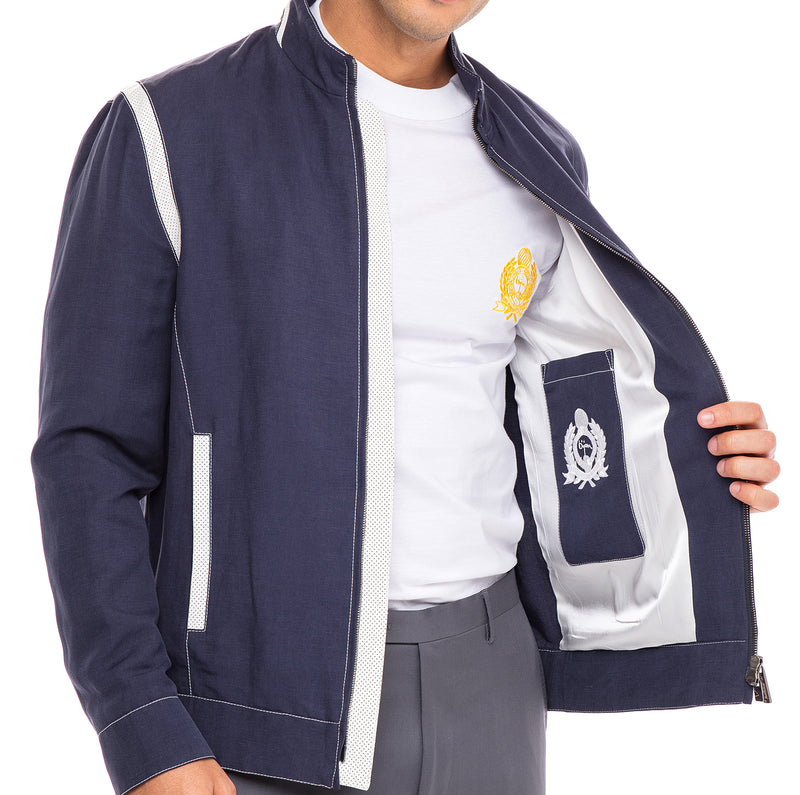 Lightweight Blue Silk and Linen Blouson Jacket
