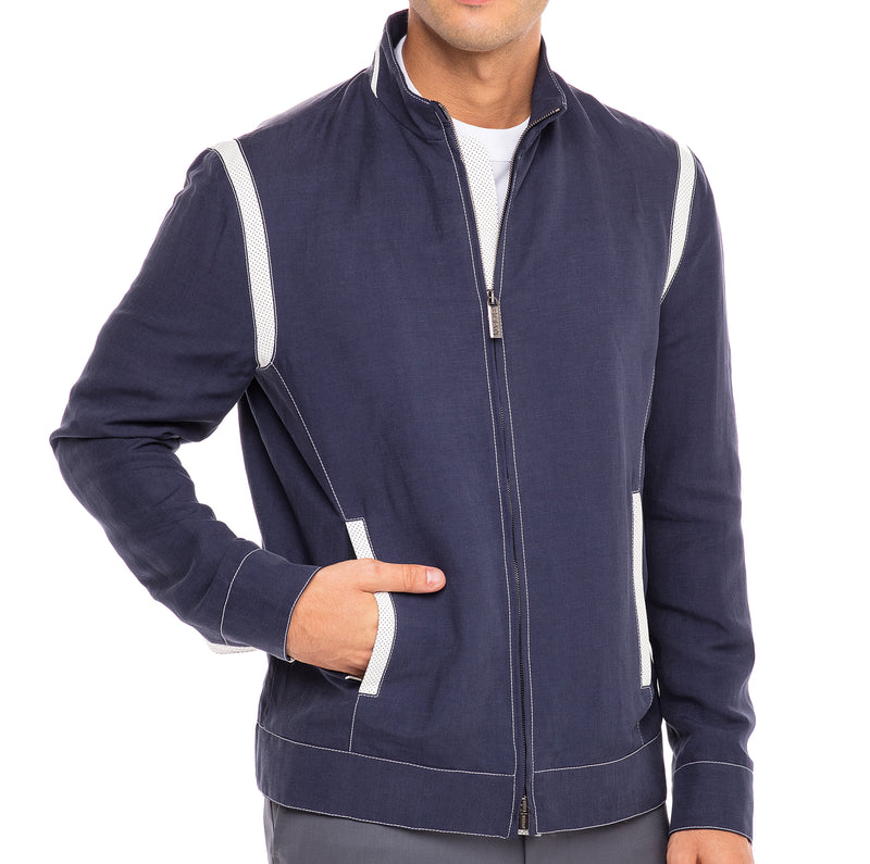 Lightweight Blue Silk and Linen Blouson Jacket