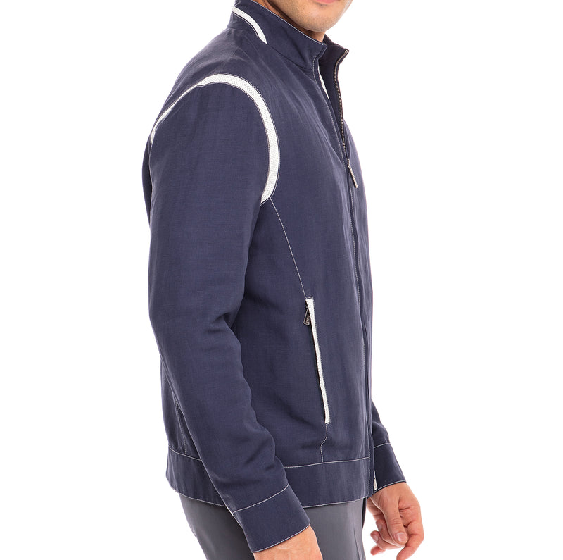 Lightweight Blue Silk and Linen Blouson Jacket