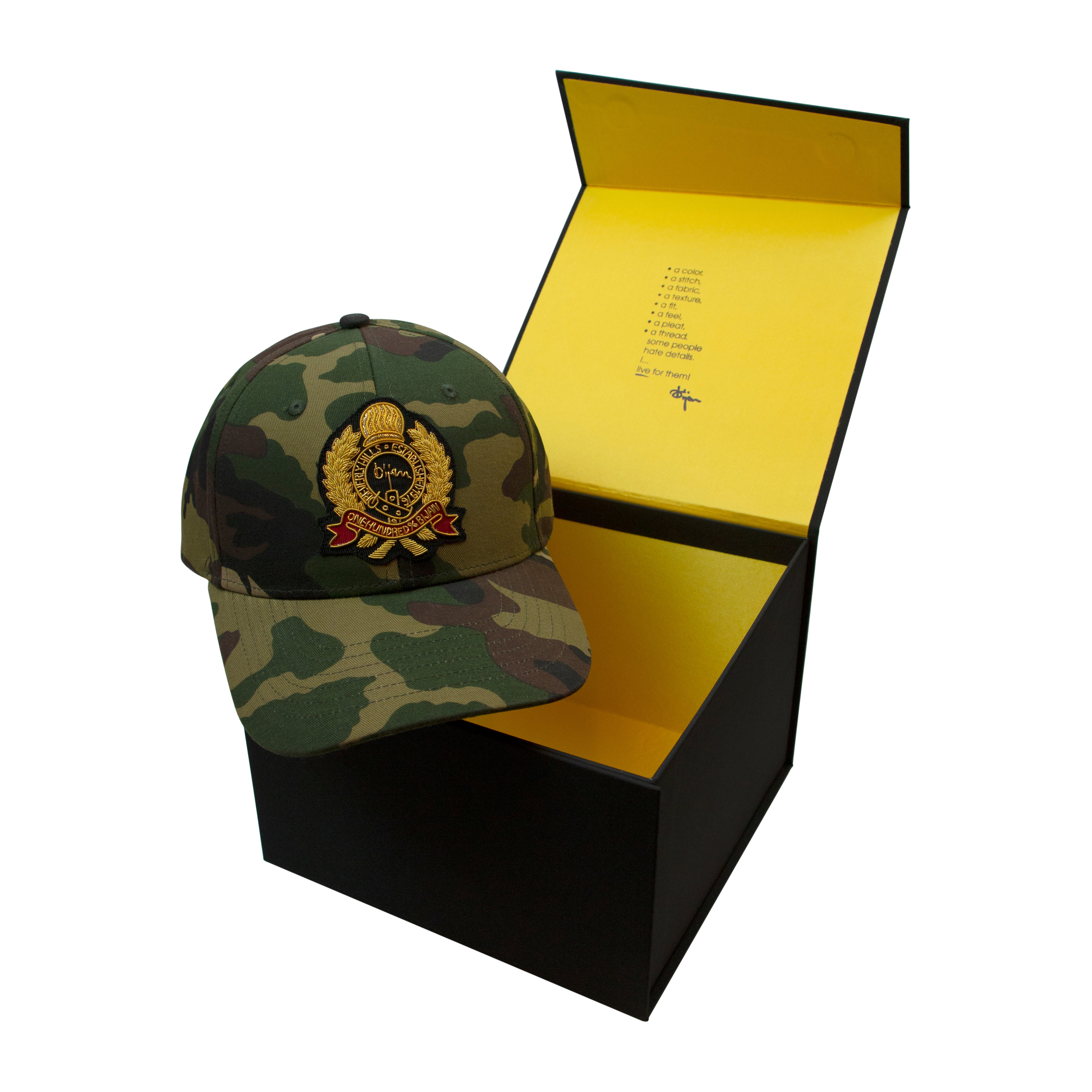 Camouflage with Gold Crest Cap House of Bijan