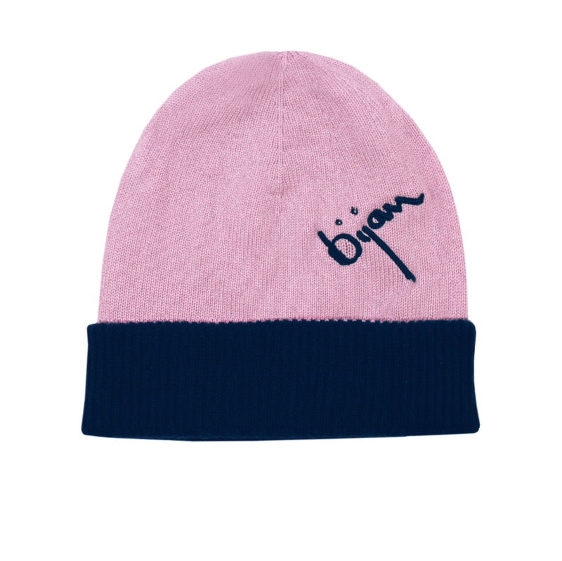 Bijan Midnight Blue and Baby Pink Cashmere Reversible Beanie