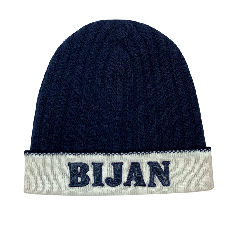 Bijan Midnight Blue and Off White Cashmere Reversible Beanie