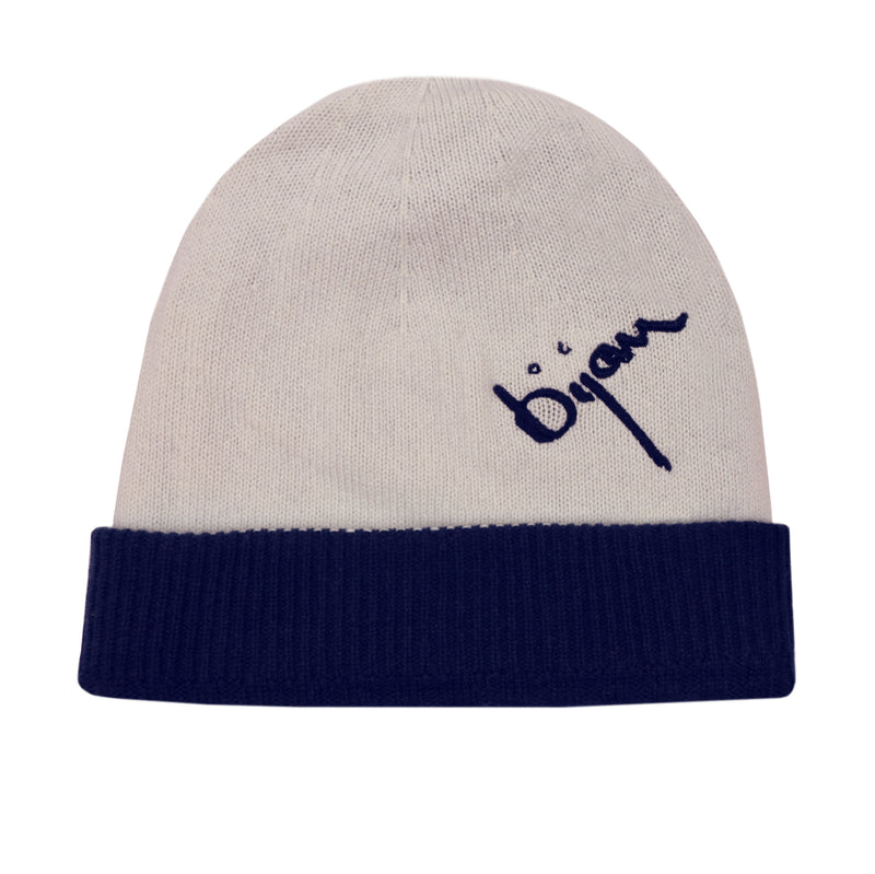 Bijan Midnight Blue and Off White Cashmere Reversible Beanie