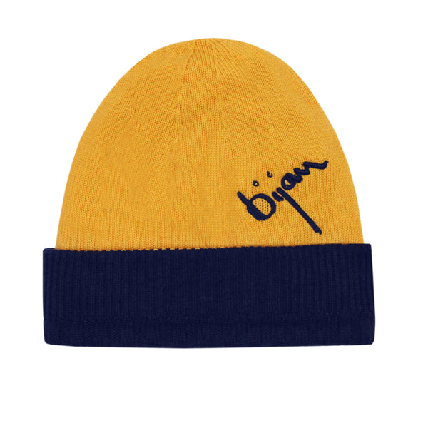 Bijan Yellow and Midnight Blue Cashmere Reversible Beanie