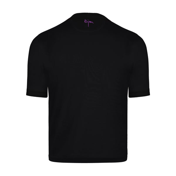 Black Round Neck Short Sleeve T-Shirt with 3 Buttons