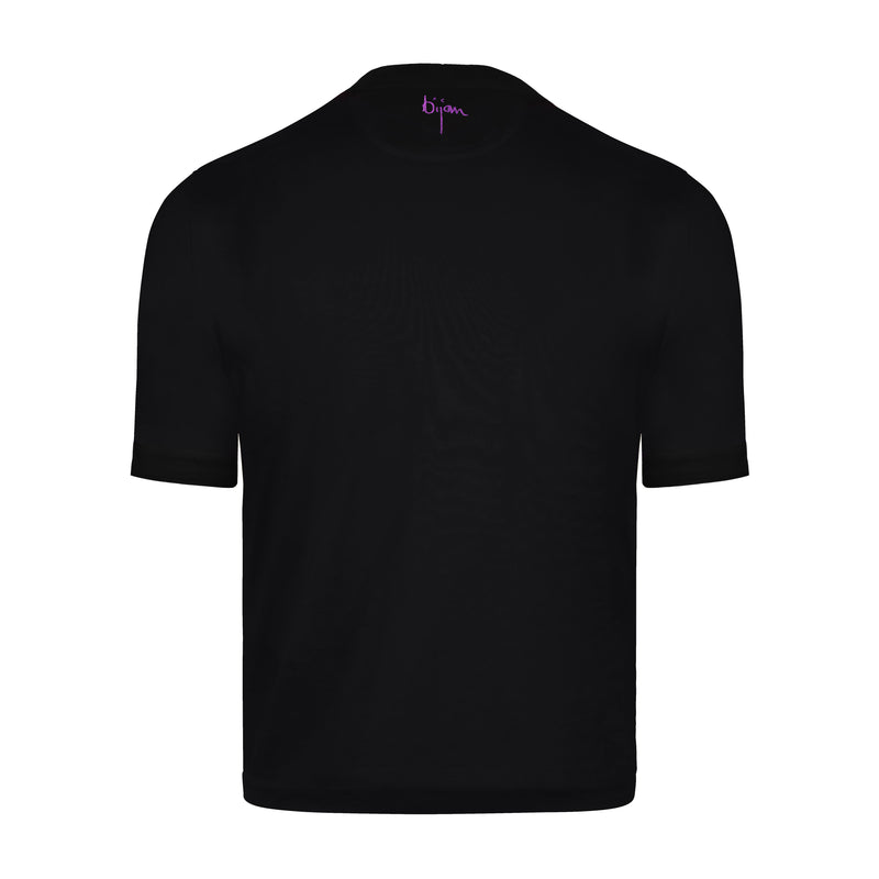 Black Round Neck Short Sleeve T-Shirt with 3 Buttons