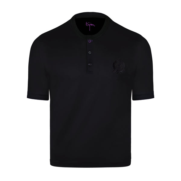 Black Round Neck Short Sleeve T-Shirt with 3 Buttons