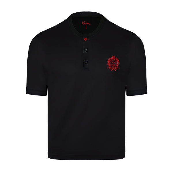 Black Round Neck Short Sleeve T-Shirt with 3 Buttons