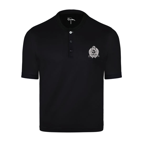 Black Round Neck Short Sleeve T-Shirt with 3 Buttons