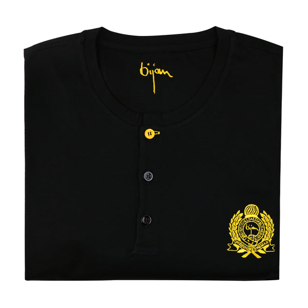Black Round Neck Short Sleeve T-Shirt with 3 Buttons