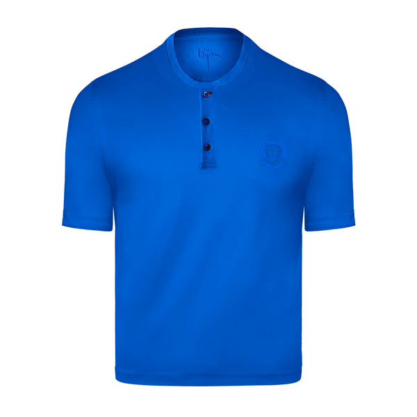 Blue Round Neck Short Sleeve T-Shirt with 3 Buttons