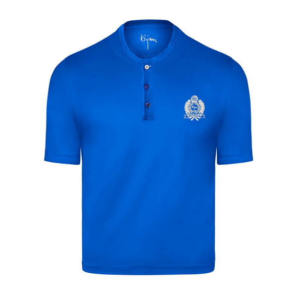 Blue Round Neck Short Sleeve T-Shirt with 3 Buttons