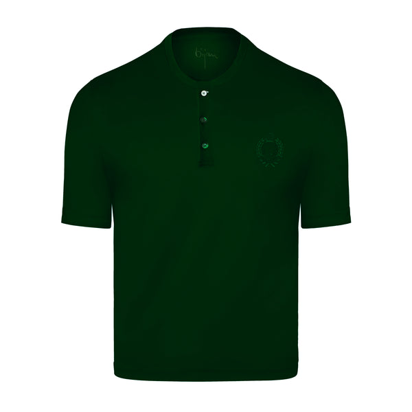Green Round Neck Short Sleeve T-Shirt with 3 Buttons