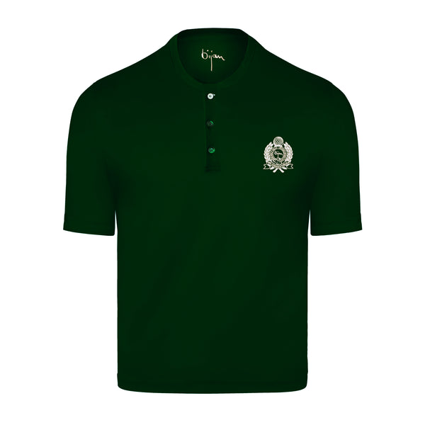 Green Round Neck Short Sleeve T-Shirt with 3 Buttons