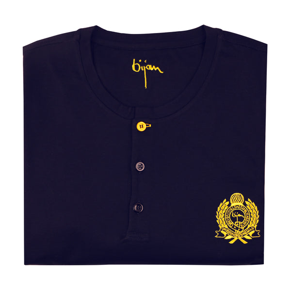 Navy Round Neck Short Sleeve T-Shirt with 3 Buttons