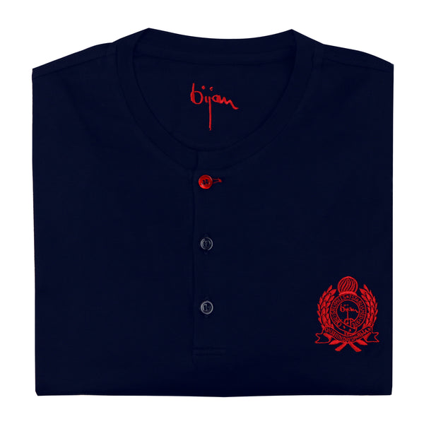 Navy Round Neck Short Sleeve T-Shirt with 3 Buttons