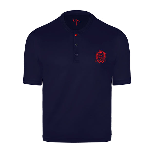 Navy Round Neck Short Sleeve T-Shirt with 3 Buttons