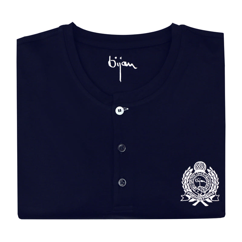 Navy Round Neck Short Sleeve T-Shirt with 3 Buttons