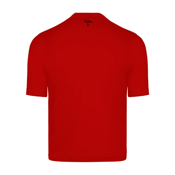Red Round Neck Short Sleeve T-Shirt with 3 Buttons