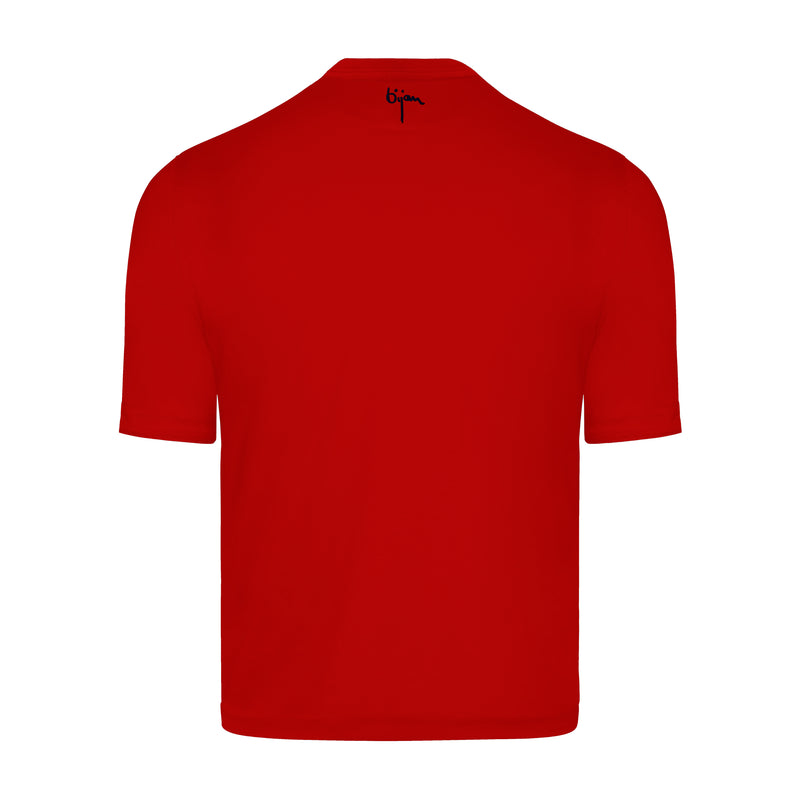 Red Round Neck Short Sleeve T-Shirt with 3 Buttons