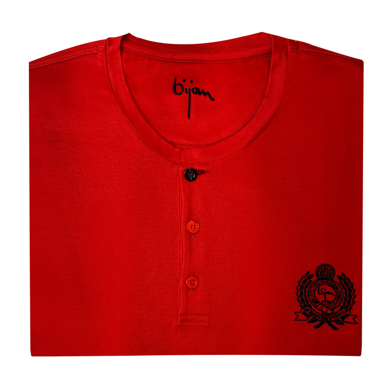 Red Round Neck Short Sleeve T-Shirt with 3 Buttons