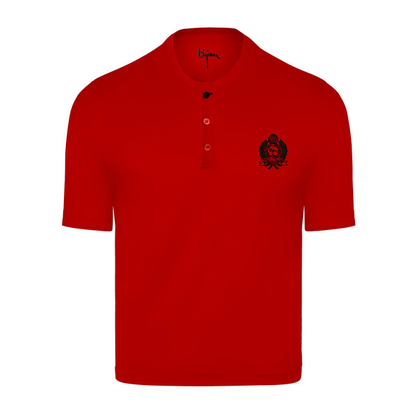 Red Round Neck Short Sleeve T-Shirt with 3 Buttons