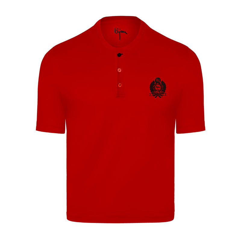 Red Round Neck Short Sleeve T-Shirt with 3 Buttons