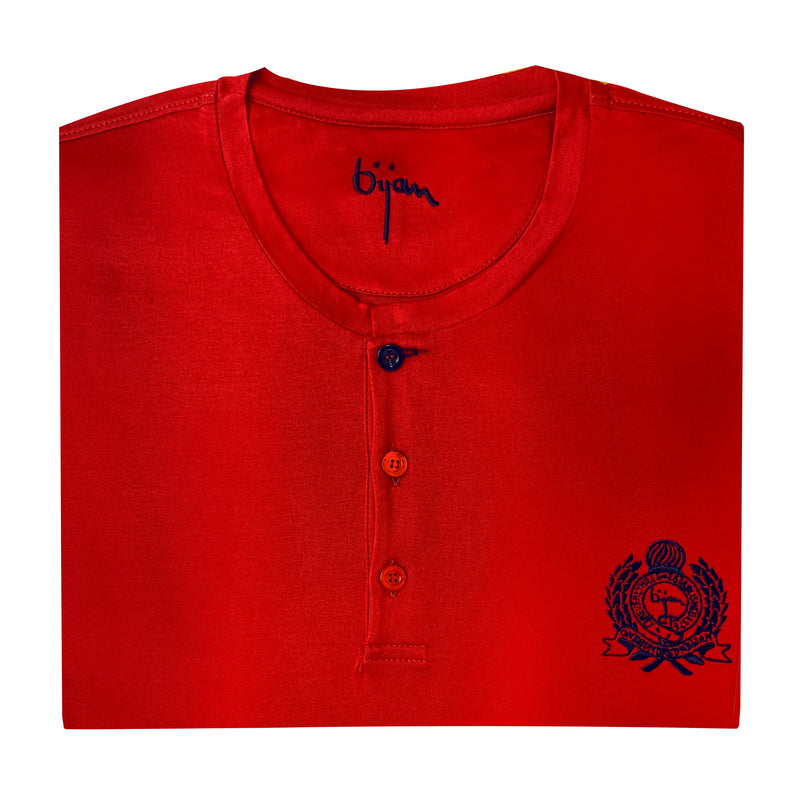 Red Round Neck Short Sleeve T-Shirt with 3 Buttons