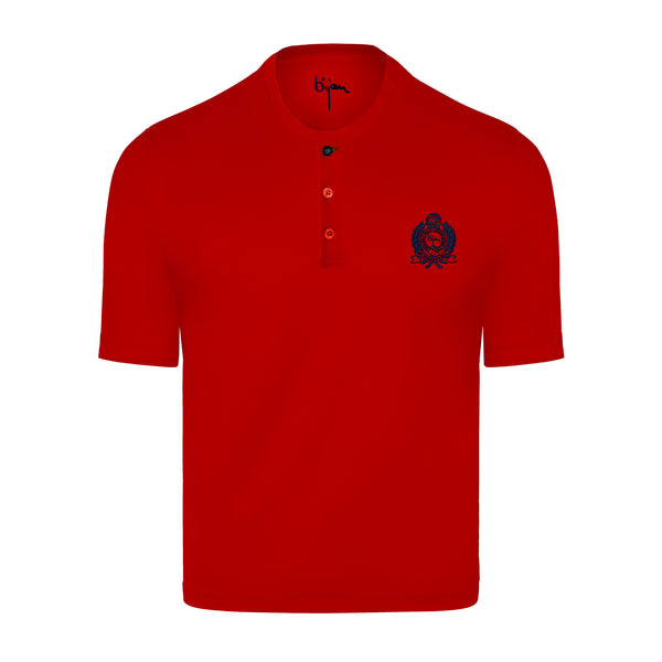 Red Round Neck Short Sleeve T-Shirt with 3 Buttons