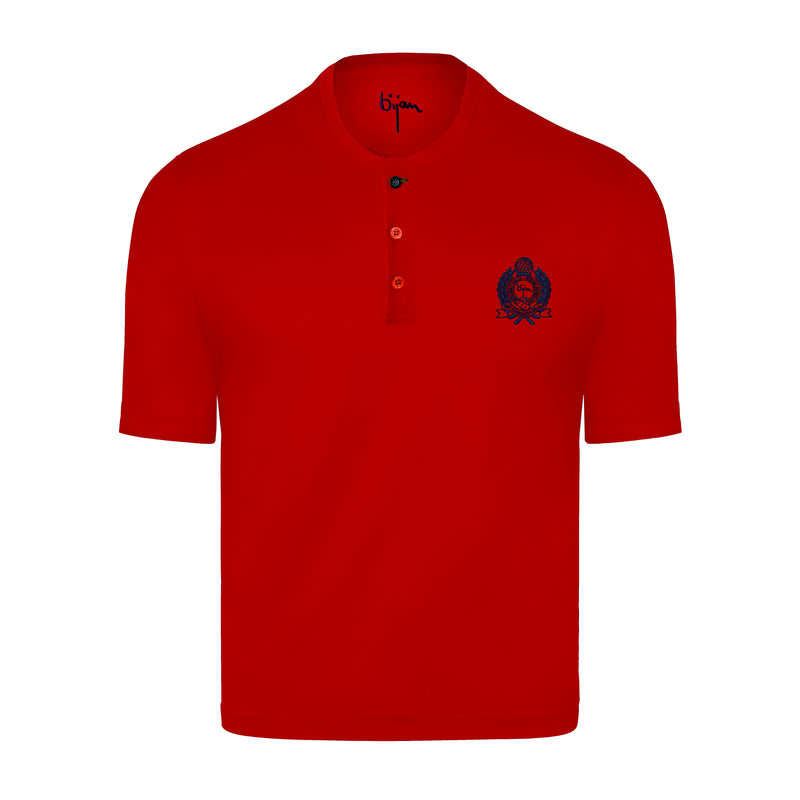 Red Round Neck Short Sleeve T-Shirt with 3 Buttons