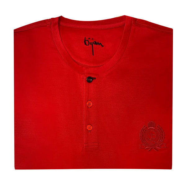 Red Round Neck Short Sleeve T-Shirt with 3 Buttons
