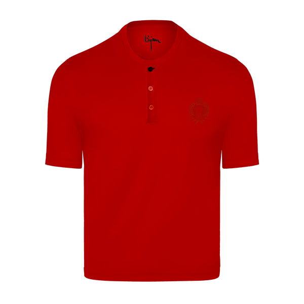 Red Round Neck Short Sleeve T-Shirt with 3 Buttons