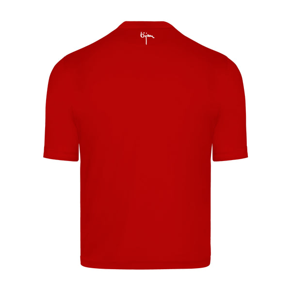 Red Round Neck Short Sleeve T-Shirt with 3 Buttons