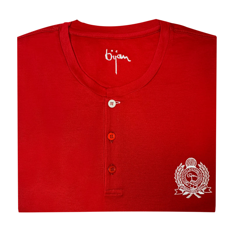 Red Round Neck Short Sleeve T-Shirt with 3 Buttons